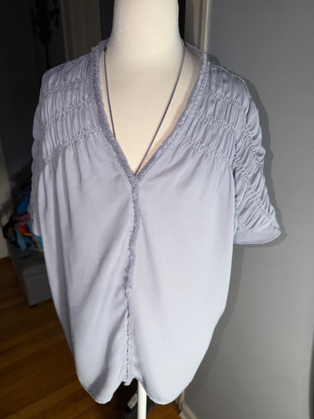 THML Anthropologie Light Blue V-Neck Smocked Sleeve Top